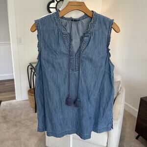 Talbots Blue Chambray Tank Ruffle Sleeve Y Neck Top Breathable Boho Preppy Boxy